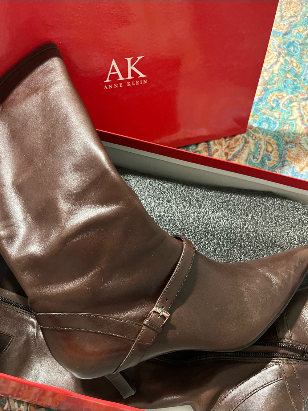 Anne Klein Chocolate Brown Leather Mid-Calf Boots